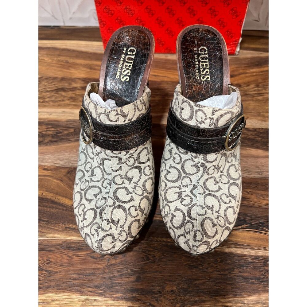 New In Box Guess By Marciano Whitney Dark Brown Womens Wood Slip On Heels Sz 8M